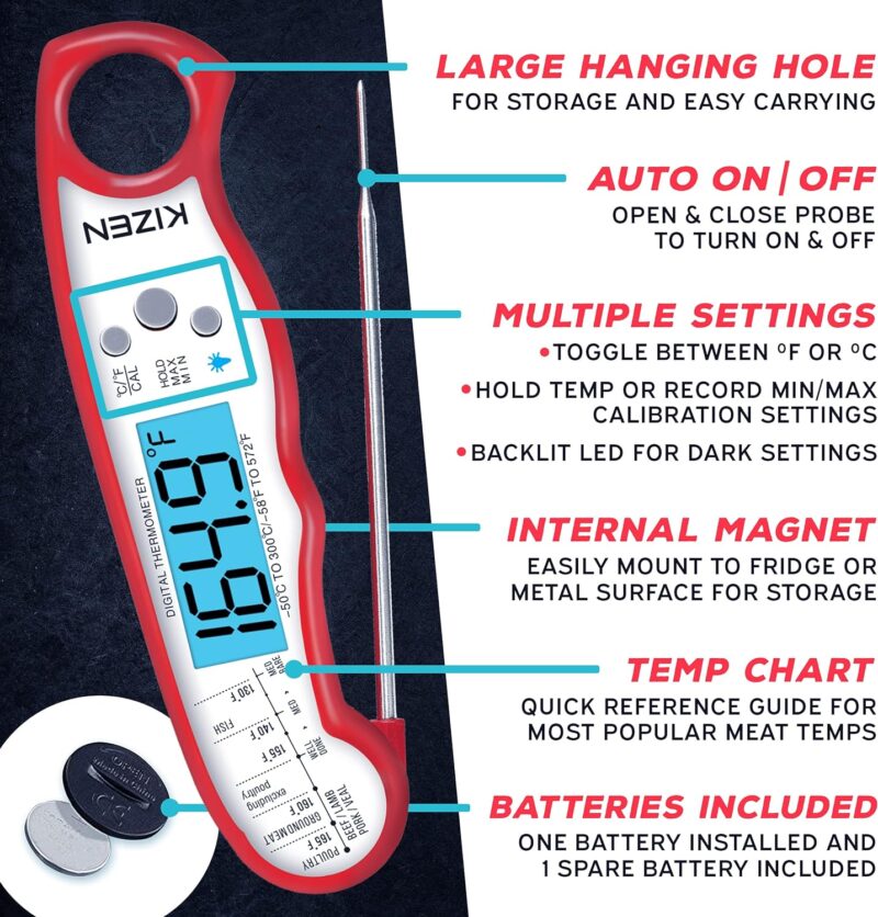 Kizen® Digital Meat Thermometer with Probe Red White