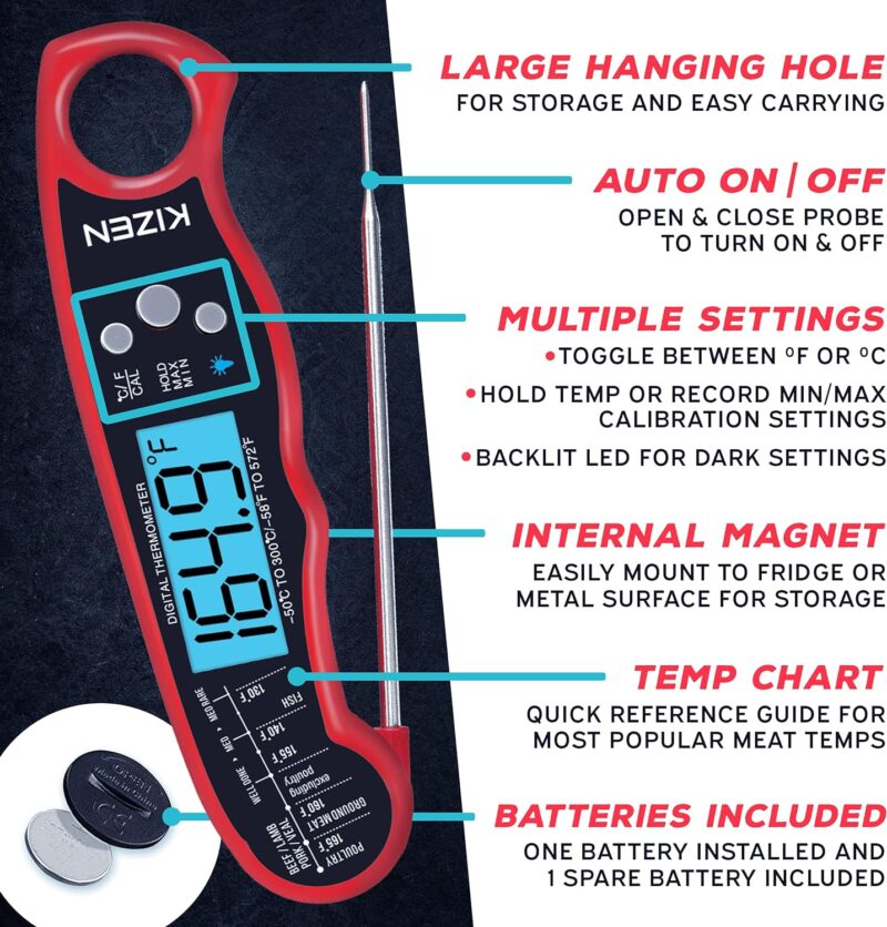 Kizen® Digital Meat Thermometer with Probe Red Black